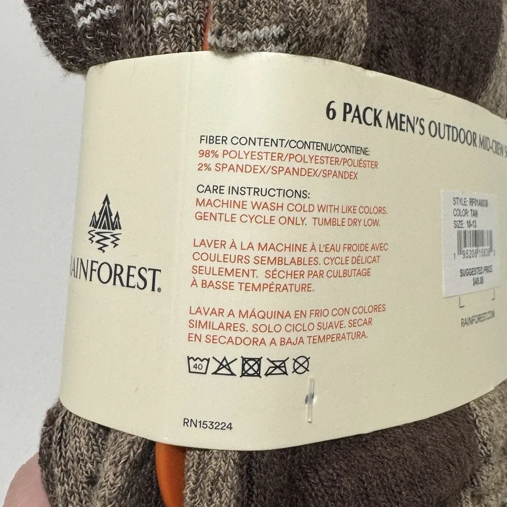 Rainforest 6-Pair Men's Outdoor‎ Mid Crew Socks Shoe Size 6-12 Size 10-13 Tan